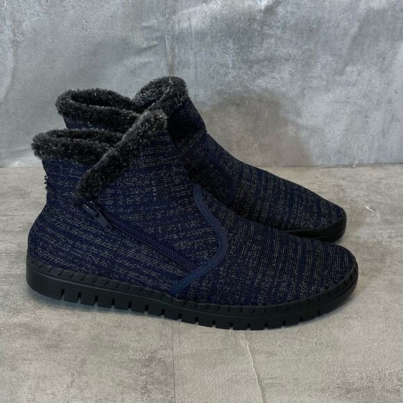 EASY STREET Women's Dark Navy, Grey Knit Archie Slip-On Faux Fur Booties SZ 7.5 - Picture 1 of 7
